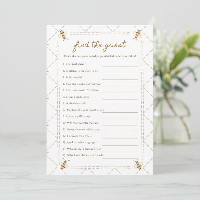 Find The Guest Honey Bee Baby Shower Game Cards (Standing Front)