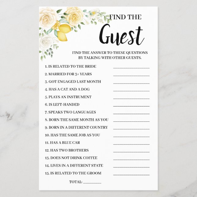 Find the Guest Lemon&Roses Bridal Shower Game Card (Front)