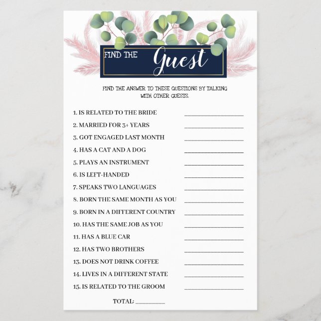 Find the Guest Pampas Grass Bridal Shower GameCard Flyer (Front)