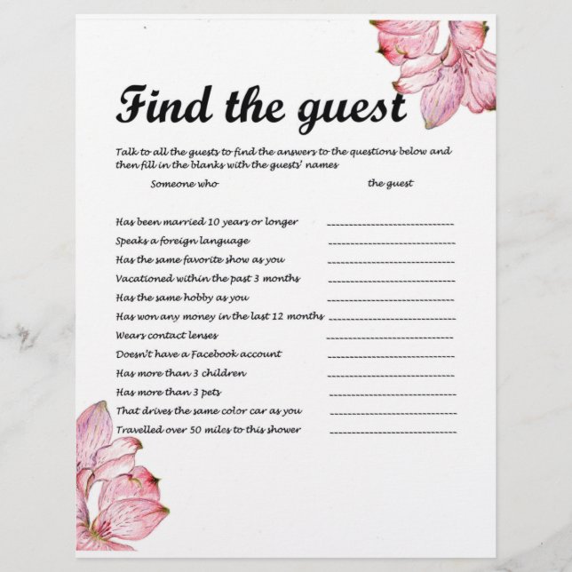 FIND THE GUEST PARTY GAME CUSTOM LETTERHEAD (Front)