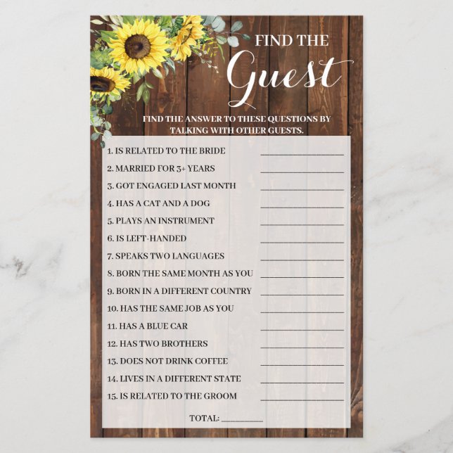 Find the Guest Sunflowers Bridal Shower Game Card (Front)