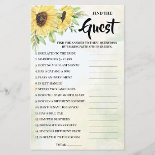 Find the Guest Sunflowers Bridal Shower Game Card