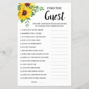 Find the Guest Sunflowers Bridal Shower Game Card