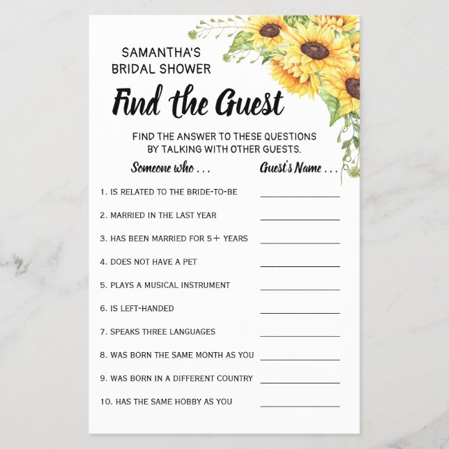 Find the Guest Sunflowers Bridal Shower game card (Front)
