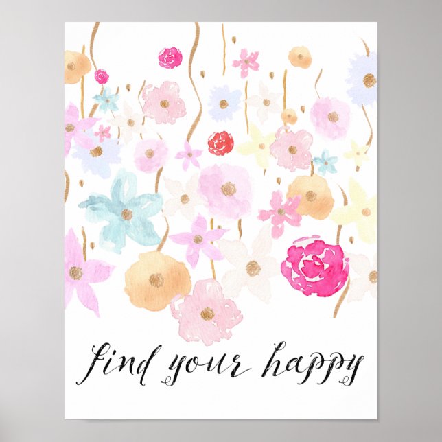 Find Your Happy Watercolor Flowers Poster (Front)