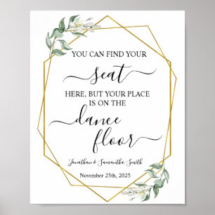 Find your seat wedding reception greenery gold poster
