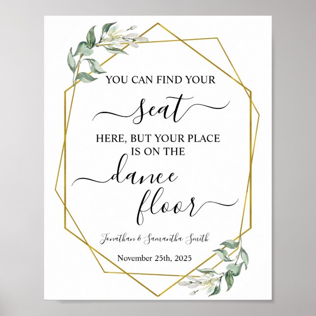 Find your seat wedding reception greenery gold poster (Front)