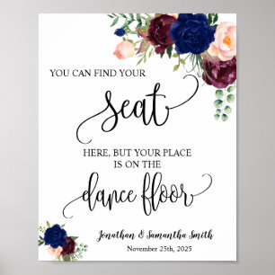 Find your seat wedding reception navy burgundy poster