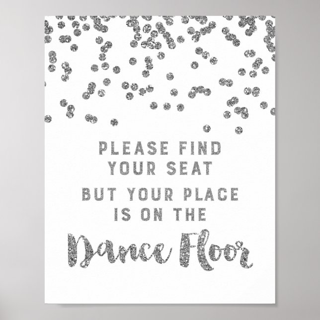 Find Your Seat Wedding Sign Silver Confetti (Front)