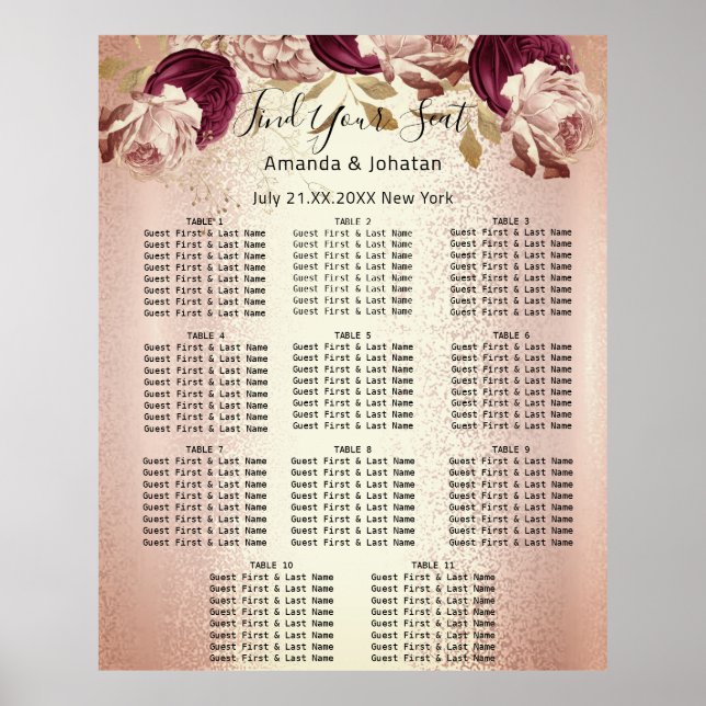 Find Your Seating Chart Wedding Event Rose 11 (Front)