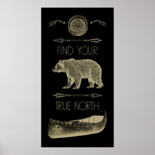 Find Your True North Canoe Bear Arrows Compass Poster