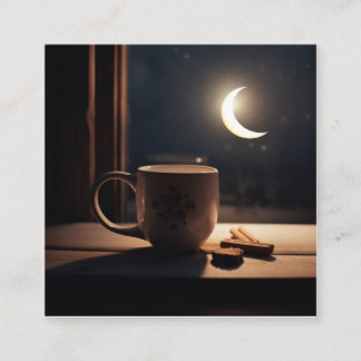 Finding winter tranquillity with coffee and moon. square business card