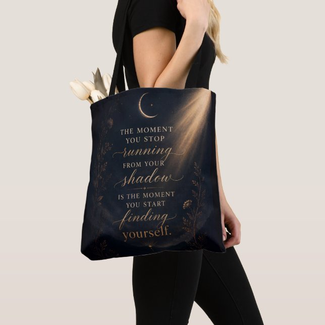 Finding Yourself Shadow Work Gold Moon Art Tote Bag (Close Up)