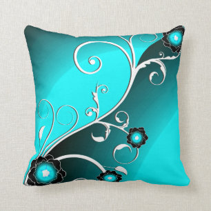 Fine Aqua Silver Cute Girly Retro Floral Cushion