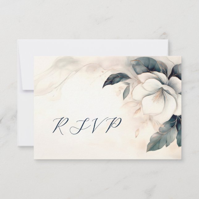 Fine Art 3D Flower Blue Ivory RSVP Card (Back)