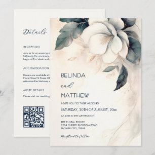 Fine Art 3D Flower Ivory Blue All-In-One Invitation