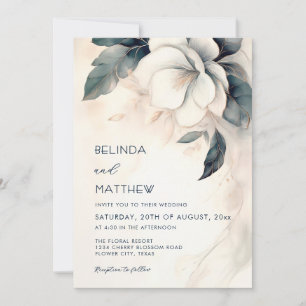 Fine Art 3D Flower Ivory Blue Casual Wedding Invitation