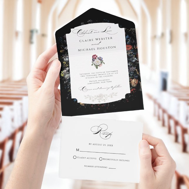 Fine Art Black Floral Calligraphy All In One Invitation (Creator Uploaded)