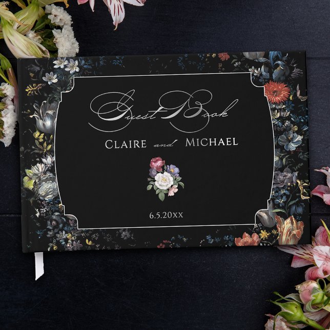 Fine Art Black Floral Calligraphy Guest Book (Creator Uploaded)