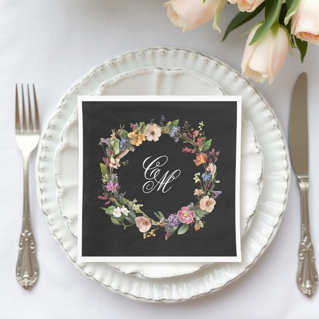 Fine Art Black Floral Monogram Wreath Napkin (Creator Uploaded)