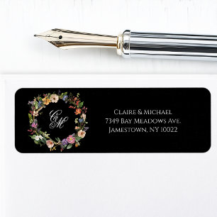 Fine Art Black Floral Monogram Wreath Return Address Label
