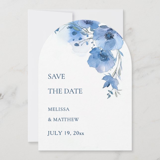Fine Art Blue Floral Arched Wedding Save The Date (Front)