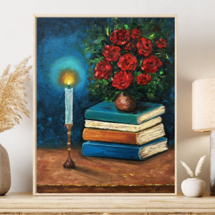 Fine Art Colourful Still Life Flowers and Books Poster
