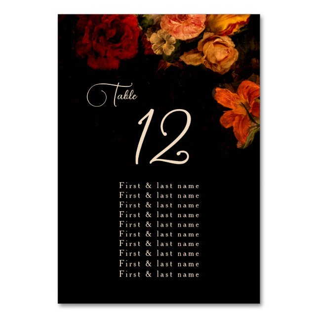 Fine Art Dark Moody Floral Wedding  Seating Chart Table Number (Front)