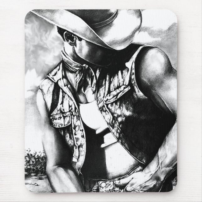 Fine Art Drawing. Rugged Cowboy in the Dusty Wind Mouse Pad (Front)