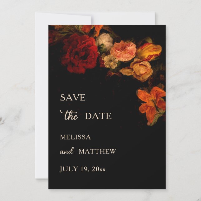 Fine Art Flowers Dark Wedding Save The Date (Front)