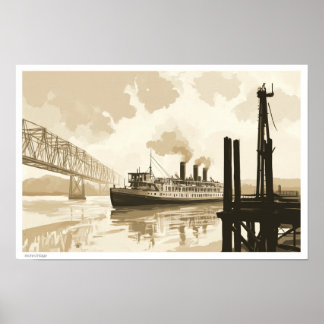 FINE ART ILLUSTRATION RIVERBOAT LANDSCAPE POSTER