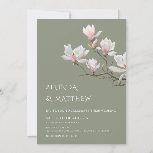 Fine Art Magnolia Casual Sage Green Wedding Invitation (Front)