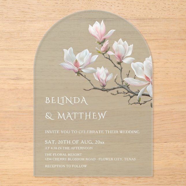 Fine Art Magnolia Sage Green Transparent Wedding Acrylic Invitations (Front)