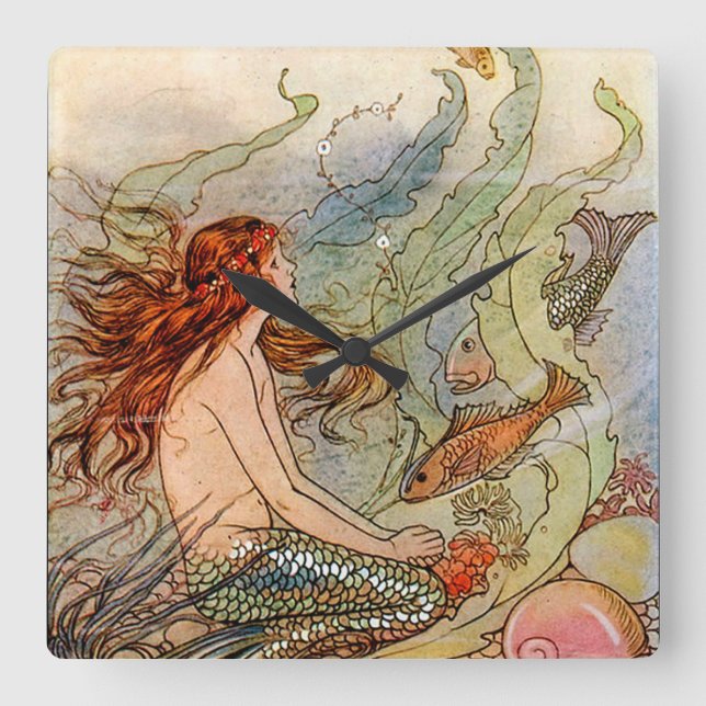 Fine Art Mermaid Ilustration Poster Square Wall Clock (Front)