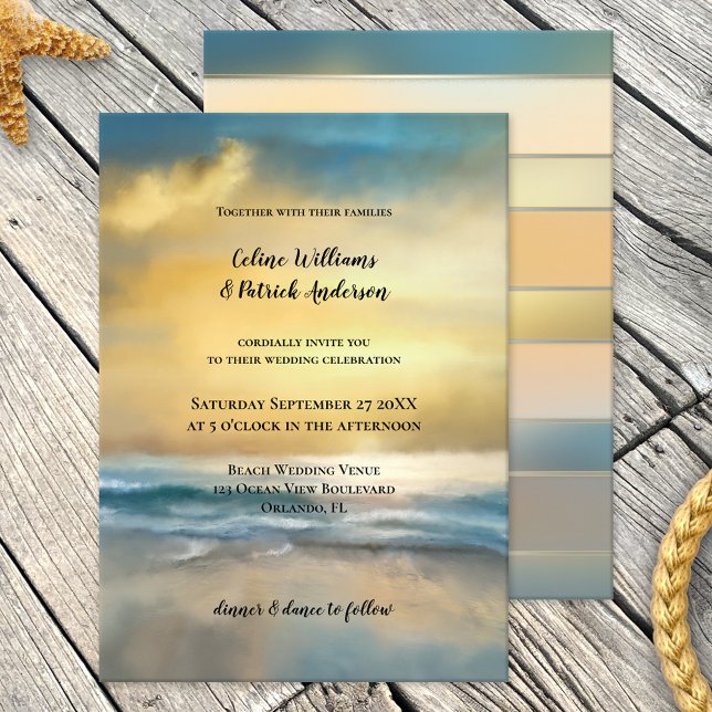Fine Art Painted Beach Wedding Invitation (Wedding invitation featuring an original fine art painting of a sunset at a stormy beach)