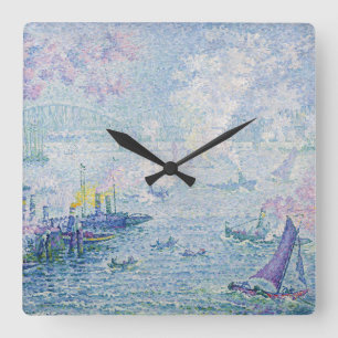 Fine Art Painting Sea Port Ships Bridge Light Blue Square Wall Clock