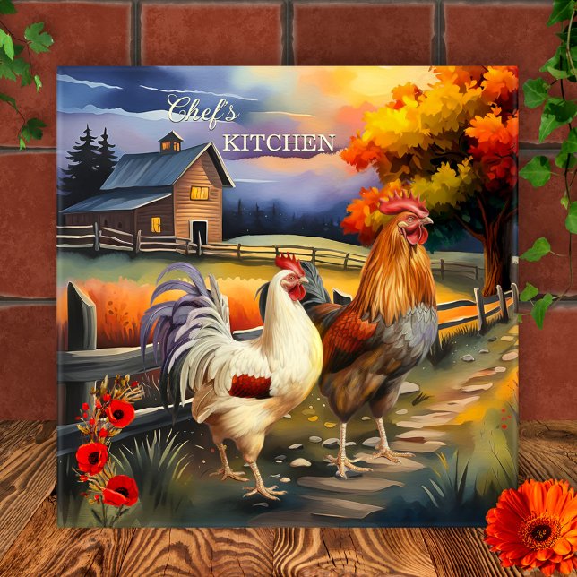 Fine Art Rooster Farm Kitchen Tile (Kitchen tile featuring a colorful fine art painting of a rooster and chicken)