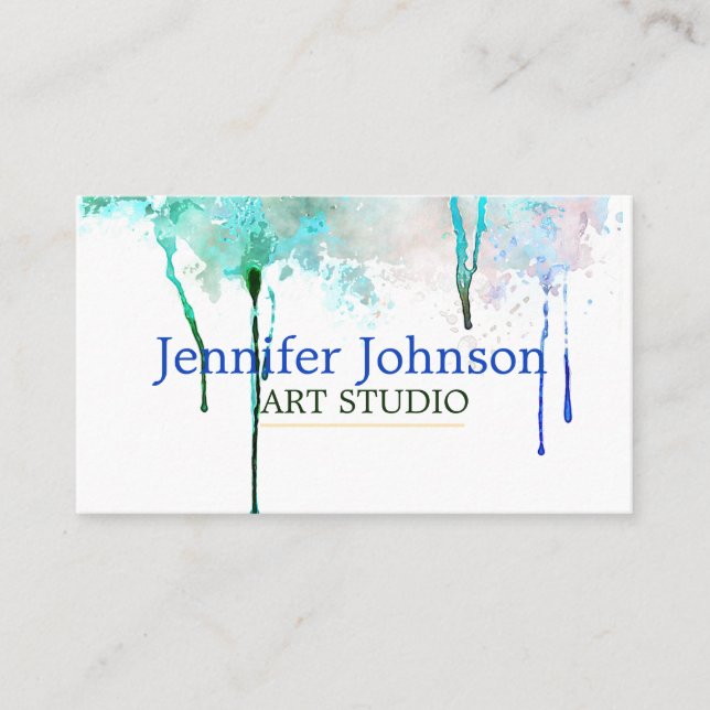Fine Art Studio White Teal Dripping Paint Business Card (Front)
