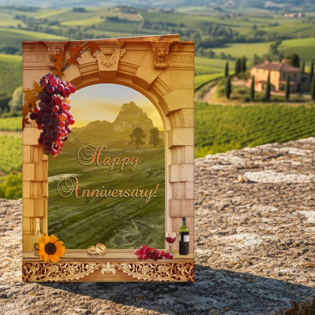 Fine Art Vineyard Anniversary Congratulations Card (Anniversary congratulations card in classic Italian vintage style with a vineyard theme)