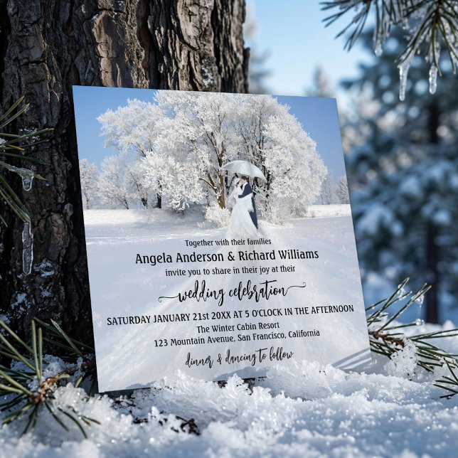 Fine Art Winter Wonderland Tree Wedding Invitation (Romantic wedding invitation featuring a painting of a couple with an umbrella in winter wonderland)