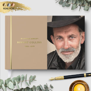 Fine Beige and Real Foil, In Loving Memory Funeral Guest Book