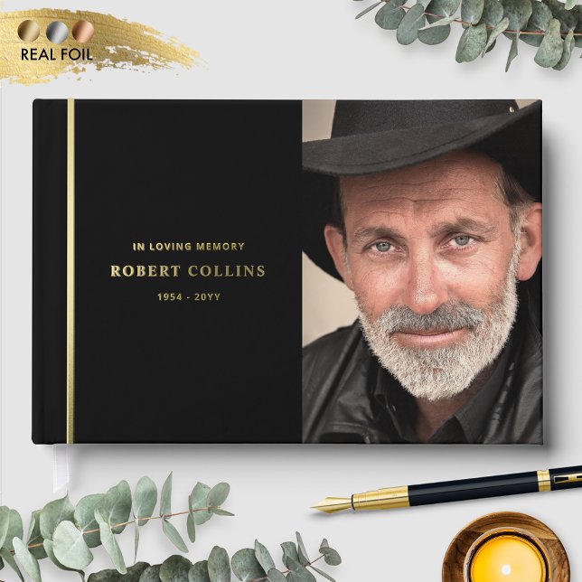 Fine Black and Real Foil, In Loving Memory Funeral Guest Book (Creator Uploaded)