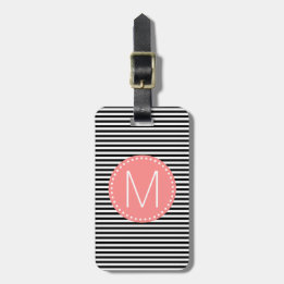 Fine Black Stripe with Coral Monogram Luggage Tag