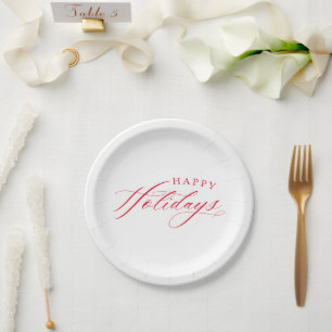 FINE CALLIGRAPHY Happy Holidays cute elegant red Paper Plate