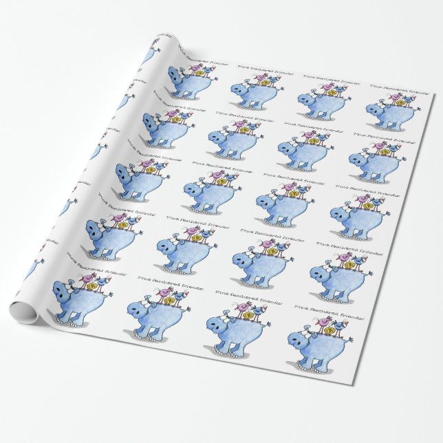 Fine Feathered Friends-Hippo and Birds Wrapping Paper (Unrolled)