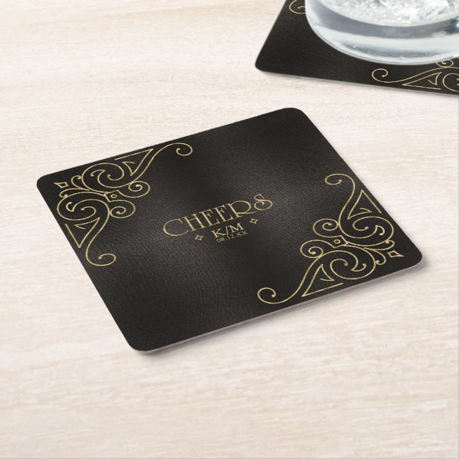 Fine Filigree Gold Wedding Cheers ID871 Square Paper Coaster (Angled)