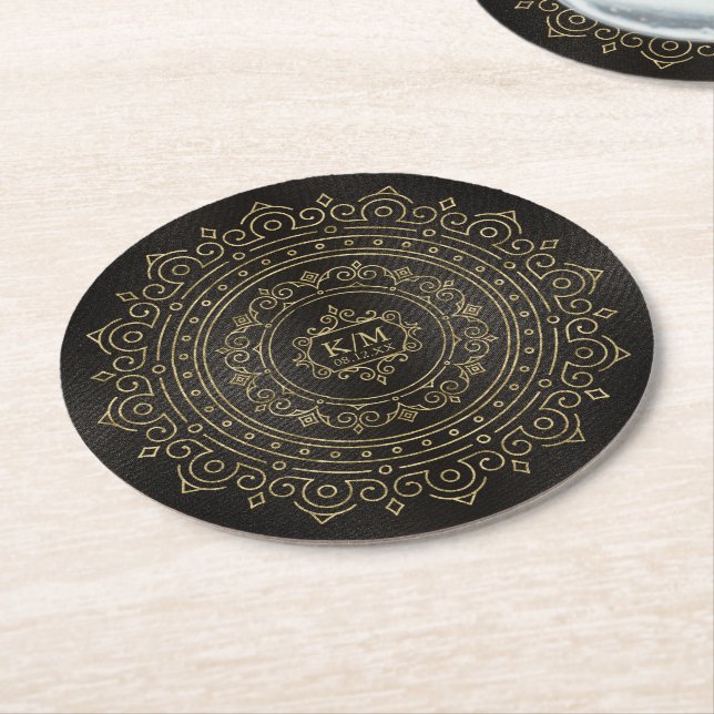 Fine Filigree Gold Wedding Mandala ID871 Round Paper Coaster (Angled)