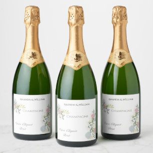 Fine Floral Watercolor Wedding sparkling wine Label