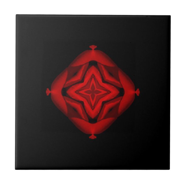 Fine geometric art blood red star flower black ceramic tile (Front)