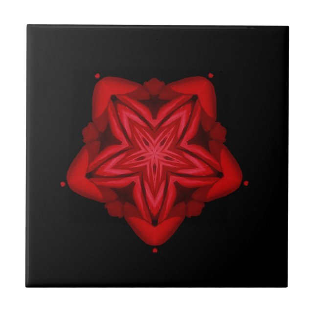 Fine geometric art bright red star flower black ceramic tile (Front)